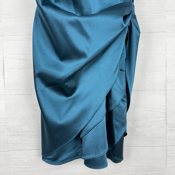Xscape Strapless Mini Dress Size 4 Teal Satin Drape Wrap Cocktail Homecoming - Picture 4 of 16